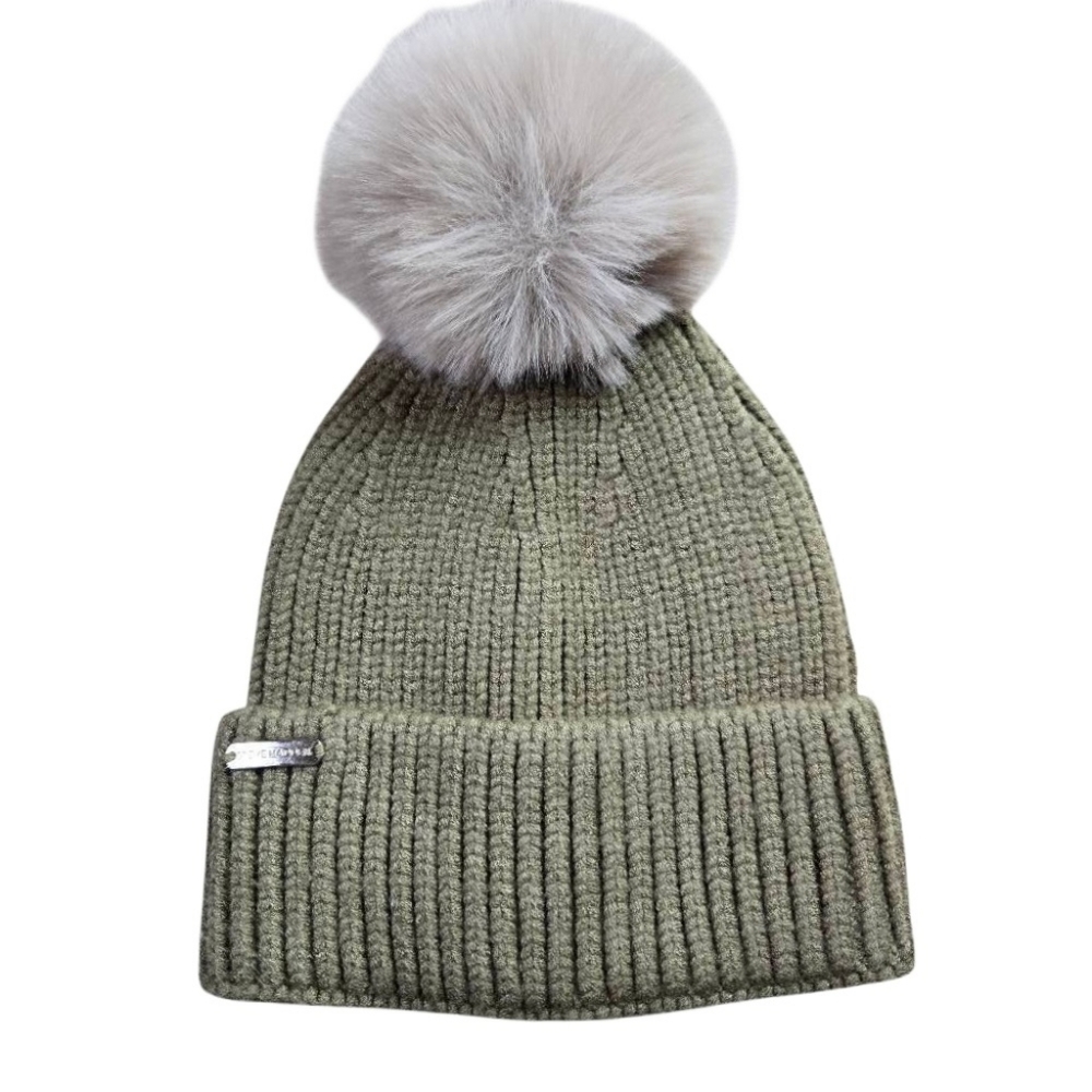Steve Madden Women's Ribbed Knit Pom Pom Beanie Olive Green